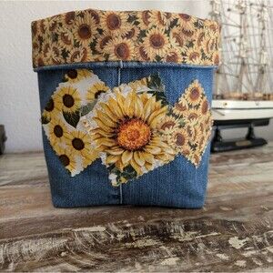 Hand Crafted Sunflower/Recycled Denim Basket/Bin